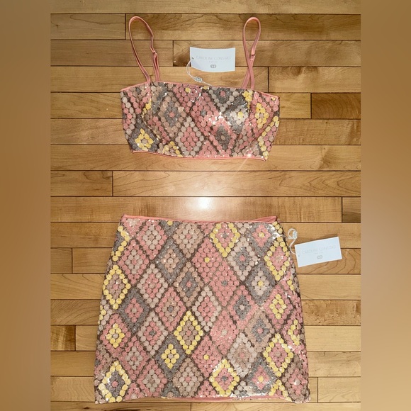 Caroline Constas Dresses & Skirts - NEW! CAROLINE CONSTAS Sequin Crop Top & Skirt Set Pink Size 2